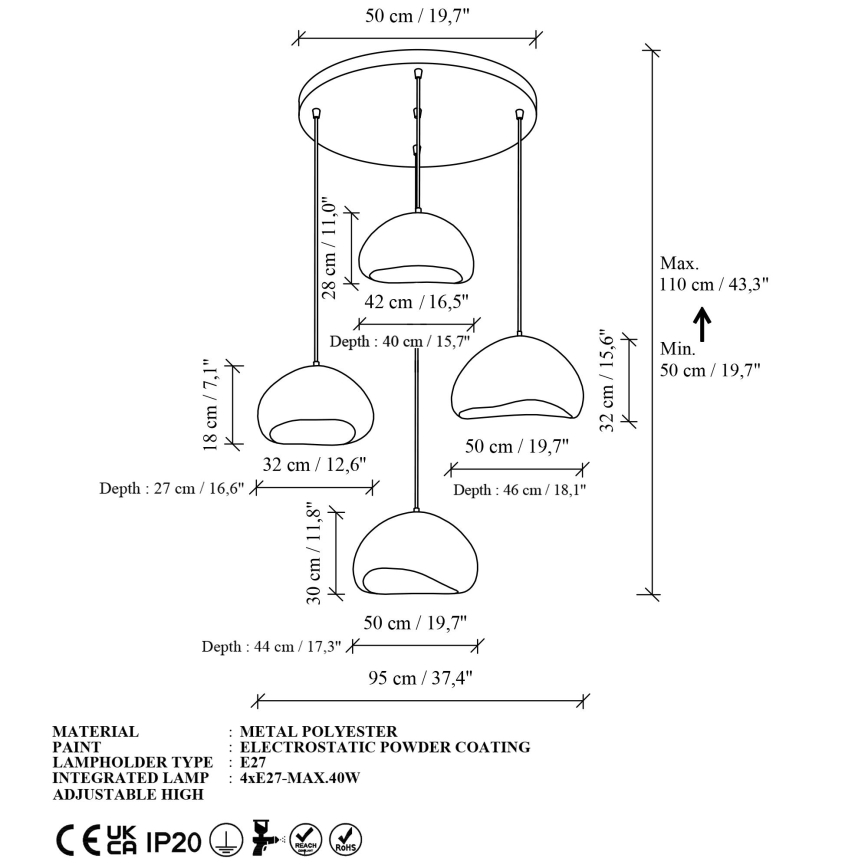 Brilagi - Lampadario su cavo LOVAL 4xE27/40W/230V Ø 95 cm bianco