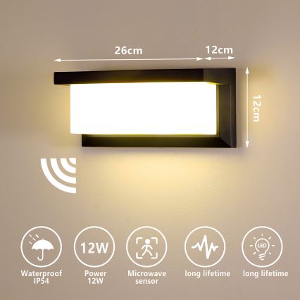 Brilagi - LED Applique da esterno con sensore BRICKY LED/12W/230V nero IP54