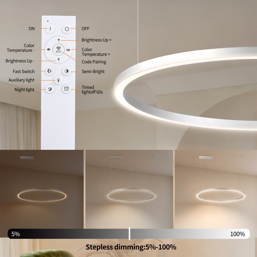 Brilagi - Lampadario LED dimmerabile su cavo PORTOFINO 60W/230V 3000-6000K Ø 80 cm argento + telecomando