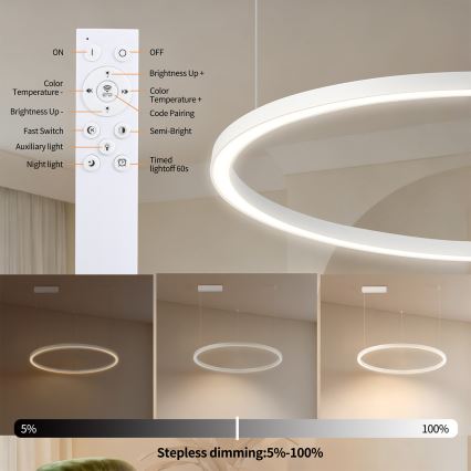 Brilagi - Lampadario LED dimmerabile sospeso a cavo PORTOFINO LED/60W/230V 3000–6000K Ø 80 cm bianco + telecomando