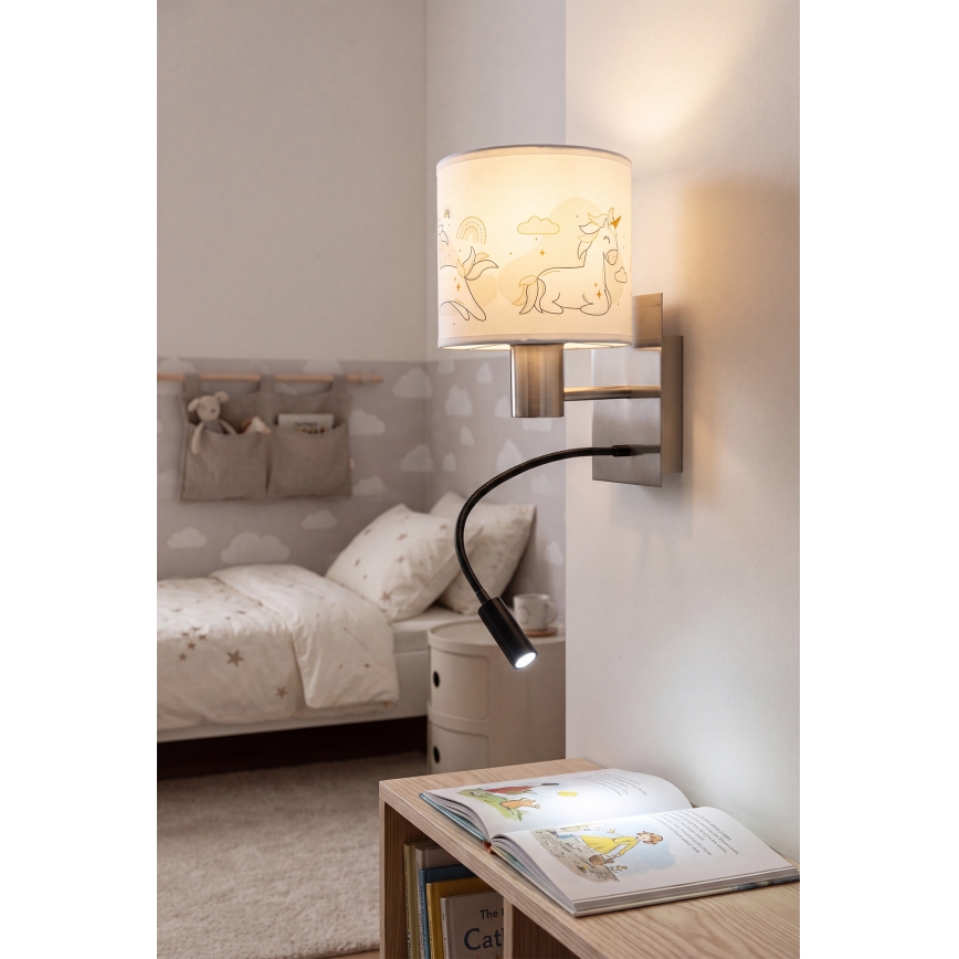 Brilagi - Lampada da parete flessibile LED per bambini BOBO 1xE27/25W/230V + LED/3W cromo opaco/bianco/unicorni