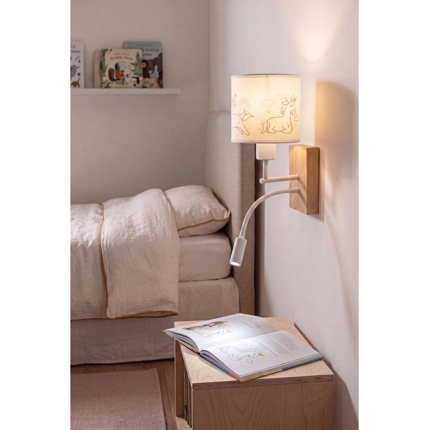 Brilagi - Lampada da parete flessibile LED per bambini BOBO WOOD 1xE27/25W/230V + LED/3W rovere/bianco/unicorni