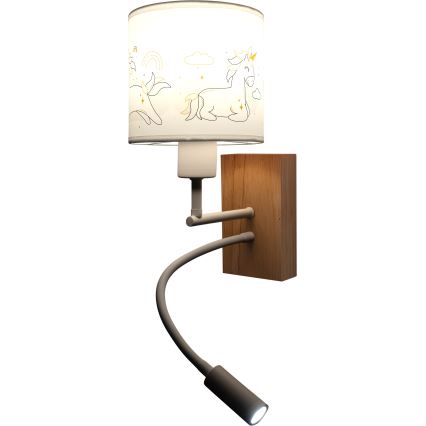 Brilagi - Lampada da parete flessibile LED per bambini BOBO WOOD 1xE27/25W/230V + LED/3W rovere/bianco/unicorni
