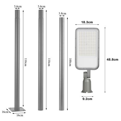 Brilagi - Lampione stradale LED da esterno con palo e snodo 3 m URBANLIGHT LED/100W/230V grigio IP65