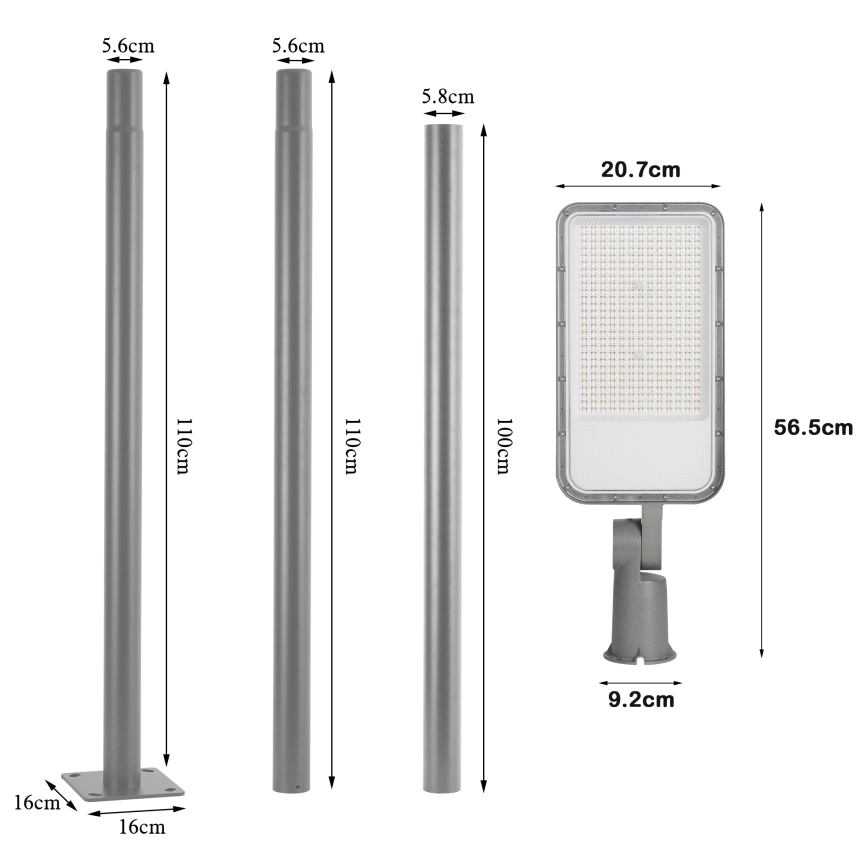 Brilagi - Lampione stradale LED da esterno con palo e snodo da 3 m URBANLIGHT LED/200W/230V grigio IP65
