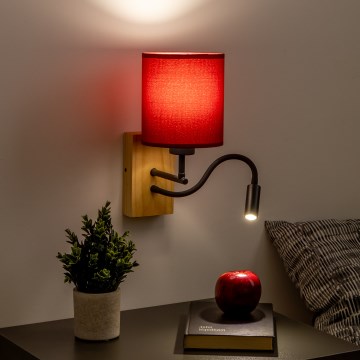 Brilagi - LED Lampada flessibile da muro NUBILA WOOD 1xE27/25W/230V + LED/3W quercia/Pompeiana rosso