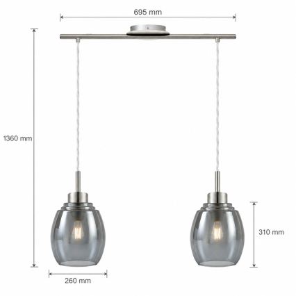 BRILAGI - LED Lampadario a sospensione con cavo RETRO GLASS 2xE27/60W/230V cromo opaco/grigio fumé