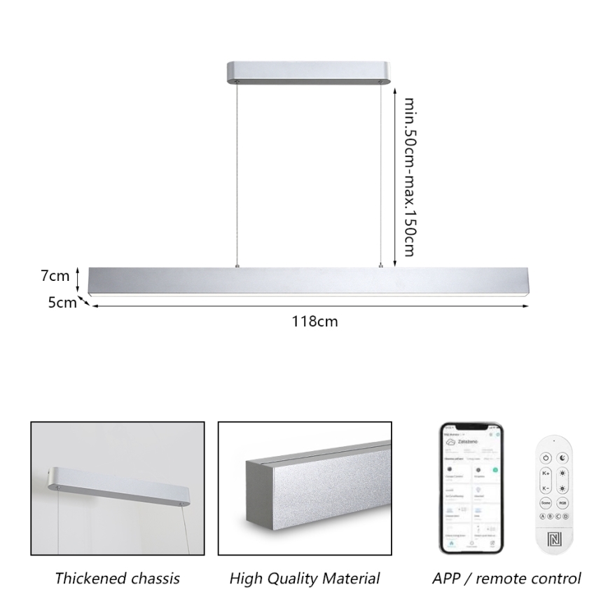 Brilagi - Lampadario a sospensione dimmerabile su cavi SLEEKLINE SMART LED/40W/230V 3000-6000K Wi-Fi Tuya argento + telecomando