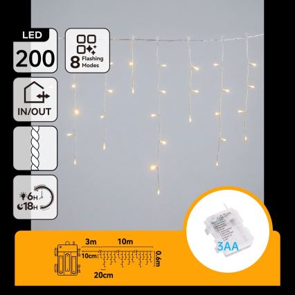 BRILAGI - LED Catena luminosa natalizia per esterni 200xLED/3xAA/8 funzioni 13x0,6m IP44 bianco caldo