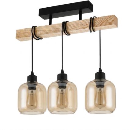 Brilagi - Lampadario a montaggio superficiale WOOD GLASS 3xE27/60W/230V pino/nero/marrone fumé