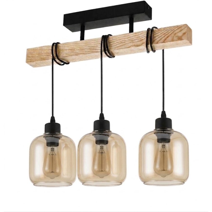 Brilagi - Lampadario a montaggio superficiale WOOD GLASS 3xE27/60W/230V pino/nero/marrone fumé