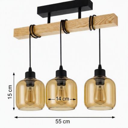 Brilagi - Lampadario a montaggio superficiale WOOD GLASS 3xE27/60W/230V pino/nero/marrone fumé