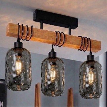 Brilagi - Plafoniera da soffitto WOOD GLASS 3xE27/60W/230V pino/nero/grigio fumé