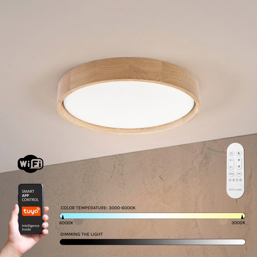 Brilagi - Plafoniera LED dimmerabile MANAROLA SMART STARS LED/24W/230V 3000-6000K Wi-Fi Tuya Beacon Ø 41 cm rovere + telecomando