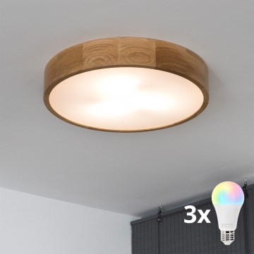 Brilagi - Plafoniera LED RGBW dimmerabile CARVALHO 3xE27/9W/230V 2700-6500K Wi-Fi rovere Ø 47,5 cm