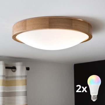 Brilagi - Plafoniera LED RGBW dimmerabile CARVALHO SLIM 2xE27/15W/230V 2700-6500K Wi-Fi rovere Ø 37 cm