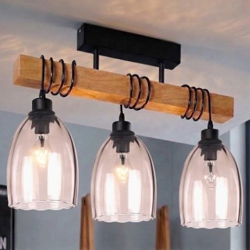 Brilagi - Plafoniera WOOD GLASS 3xE27/60W/230V pino/nero/beige fumé
