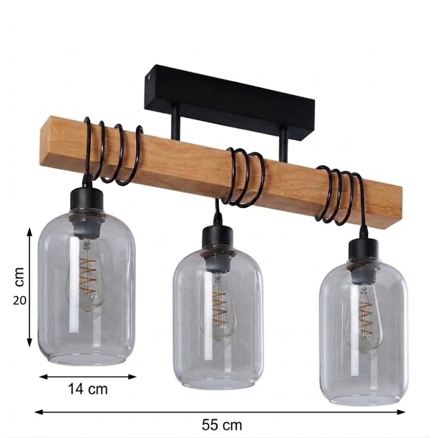 Brilagi - Plafoniera a montaggio superficiale WOOD GLASS 3xE27/60W/230V pino/nero/grigio fumé