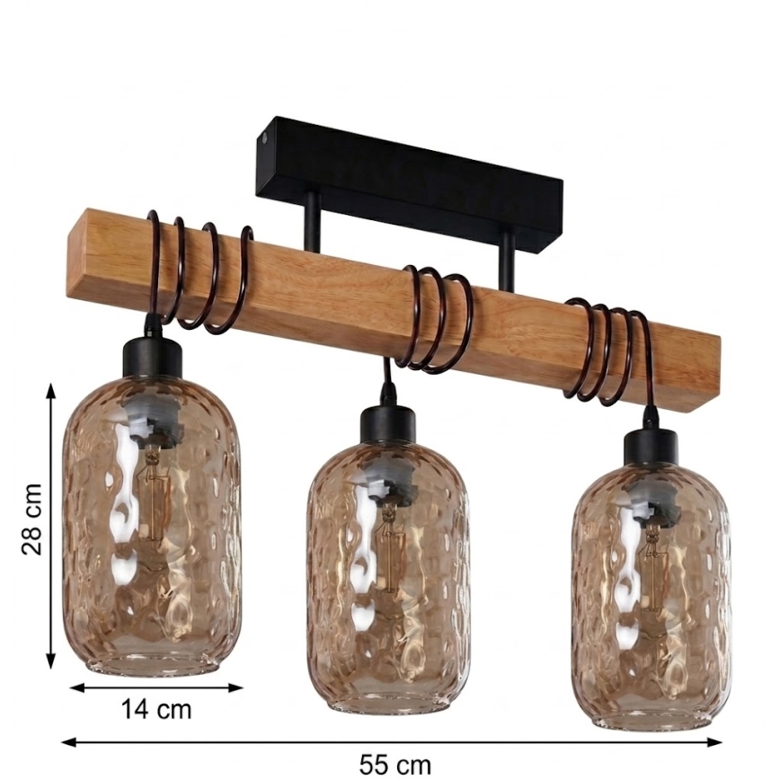 Brilagi - Lampadario a montaggio superficiale WOOD GLASS 3xE27/60W/230V pino/nero/marrone fumé