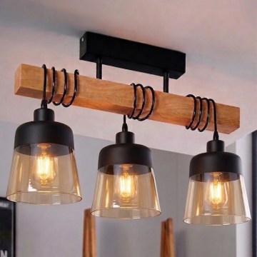 Brilagi - Plafoniera WOOD GLASS 3xE27/60W/230V pino/nero/marrone fumé