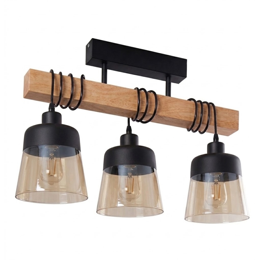 Brilagi - Plafoniera WOOD GLASS 3xE27/60W/230V pino/nero/marrone fumé
