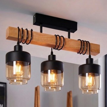 Brilagi - Plafoniera WOOD GLASS 3xE27/60W/230V pino/nero/marrone fumé