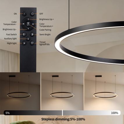 Brilagi - Lampadario LED dimmerabile a sospensione su cavo PORTOFINO LED/60W/230V 3000-6000K Ø 80 cm nero + telecomando