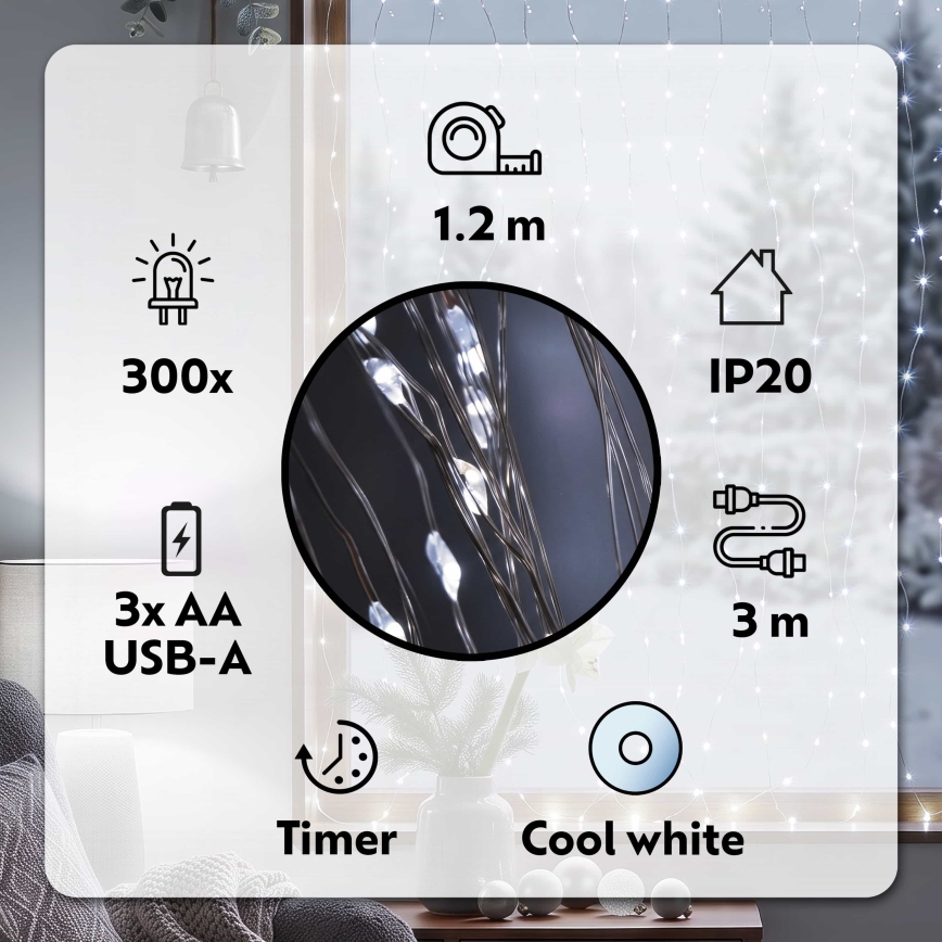 BRILAGI - Tenda di Natale LED 300xLED/8 funzioni/3xAA/USB 1,2m bianco freddo