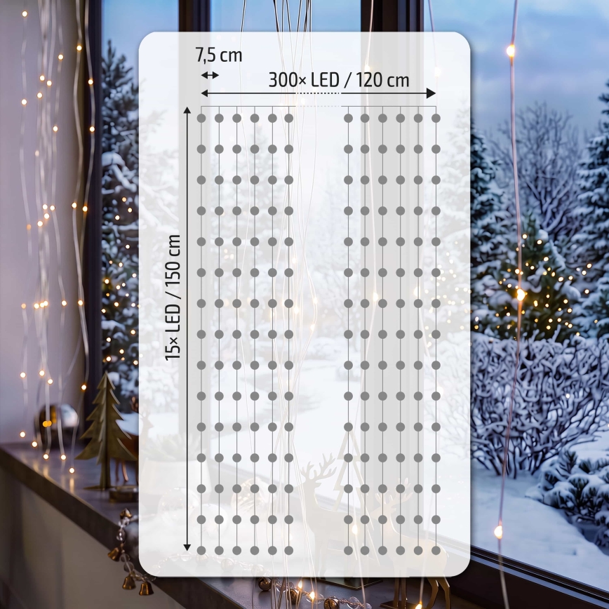BRILAGI - Tenda luminosa di Natale a LED 300xLED/8 funzioni/3xAA/USB 1,2m bianco caldo