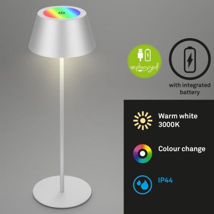 Brilo - Lampada da tavolo ricaricabile dimmerabile a sfioramento per esterno KIKI LED RGB/2,6W/5V IP44 2600 mAh argento