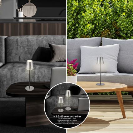 Brilo - Lampada da tavolo ricaricabile dimmerabile a sfioramento per esterni KIKI LED/2,6W/5V IP44 2600 mAh argento