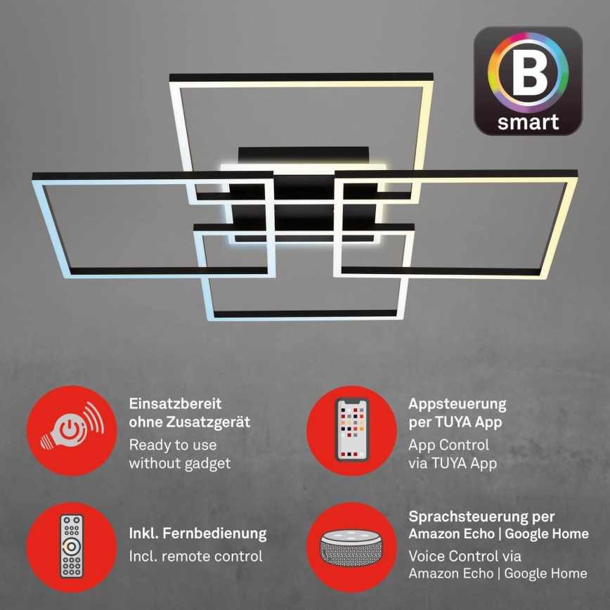 Brilo - Plafoniera LED dimmerabile FRAME LED/50W/230V 2700-6500K 72,4x72,4cm nero Wi-Fi Tuya + telecomando