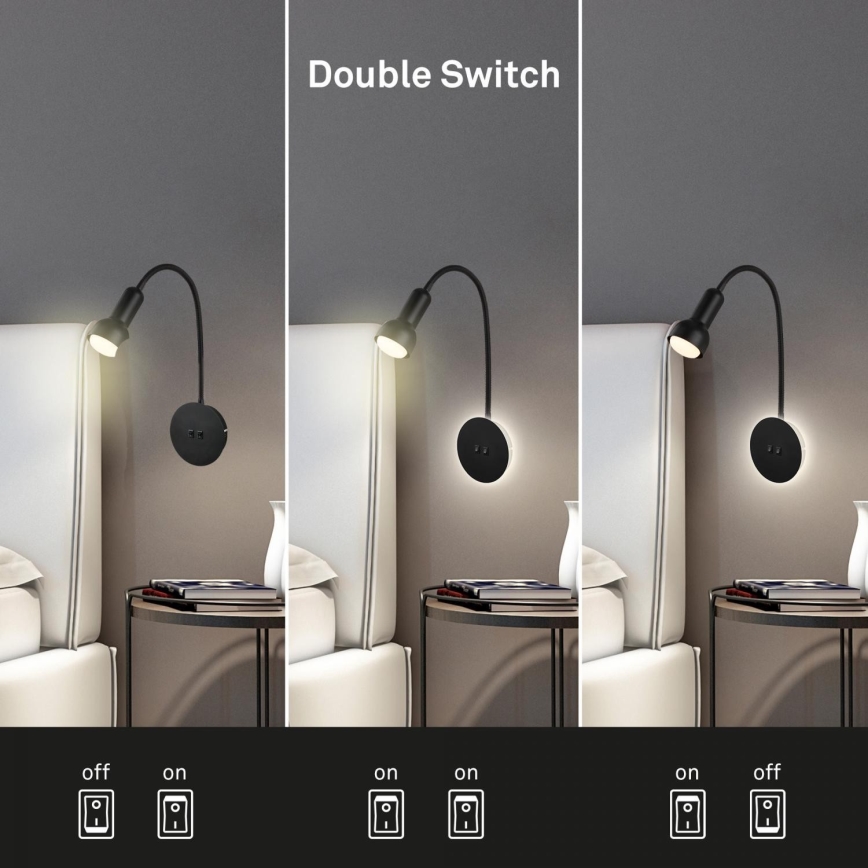 Briloner 2178015 - Lampada da parete flessibile LED 1xE14/10W/230V + LED/3W nero