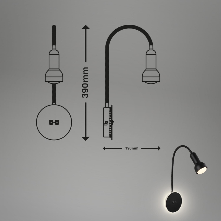 Briloner 2178015 - Lampada da parete flessibile LED 1xE14/10W/230V + LED/3W nero