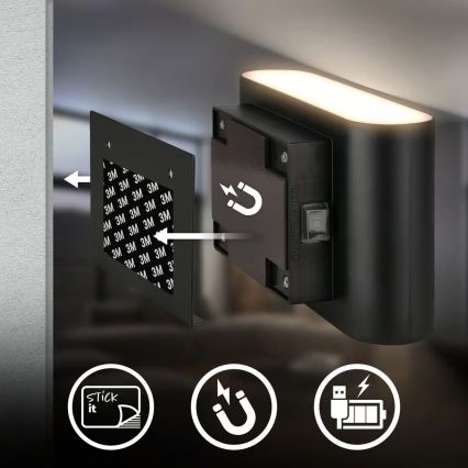Briloner 3878015 - Lampada da parete ricaricabile a LED con sensore di movimento e sensore crepuscolare CHAT LED/3W/5V 2000 mAh nera