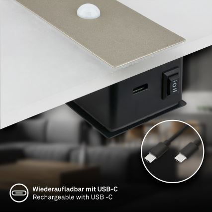 Briloner 3888012 - Lampada da parete ricaricabile a LED con sensore di movimento e sensore crepuscolare AURA LED/2,5W/5V 1800 mAh cromo opaco