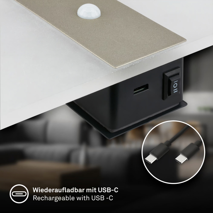 Briloner 3888012 - Lampada da parete ricaricabile a LED con sensore di movimento e sensore crepuscolare AURA LED/2,5W/5V 1800 mAh cromo opaco