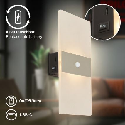 Briloner 3888012 - Lampada da parete ricaricabile a LED con sensore di movimento e sensore crepuscolare AURA LED/2,5W/5V 1800 mAh cromo opaco