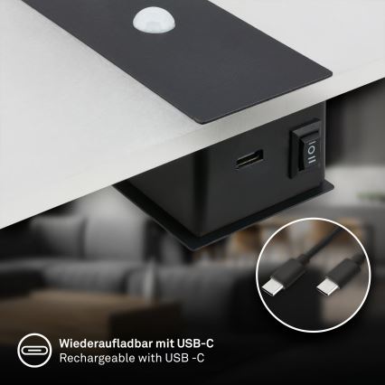 Briloner 3888015 - Applique da parete ricaricabile a LED AURA con sensore di movimento e crepuscolare LED/2,5W/5V 1800 mAh nera