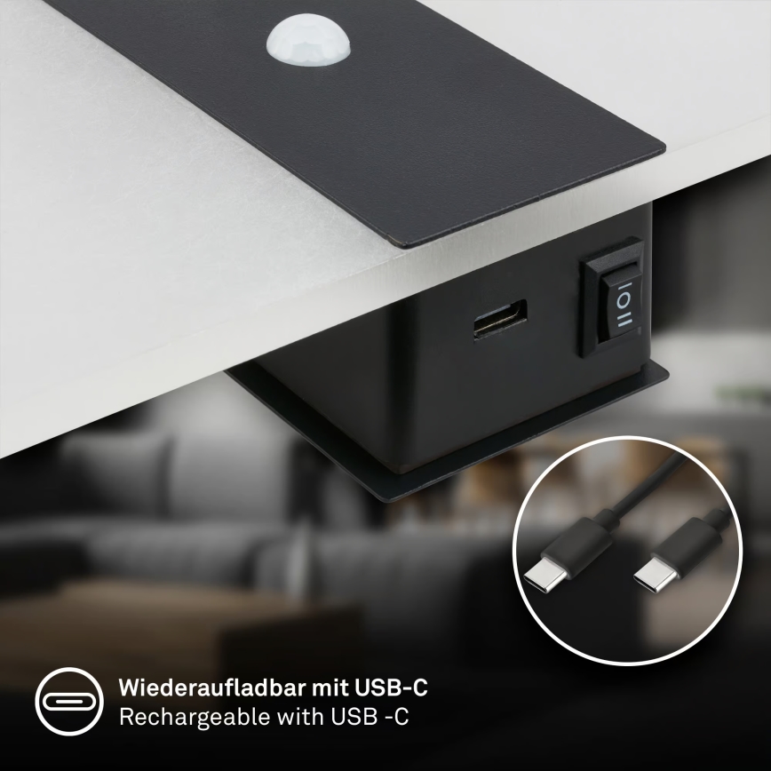 Briloner 3888015 - Applique da parete ricaricabile a LED AURA con sensore di movimento e crepuscolare LED/2,5W/5V 1800 mAh nera