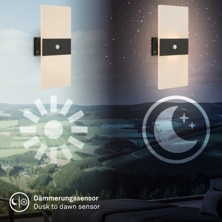 Briloner 3888015 - Applique da parete ricaricabile a LED AURA con sensore di movimento e crepuscolare LED/2,5W/5V 1800 mAh nera