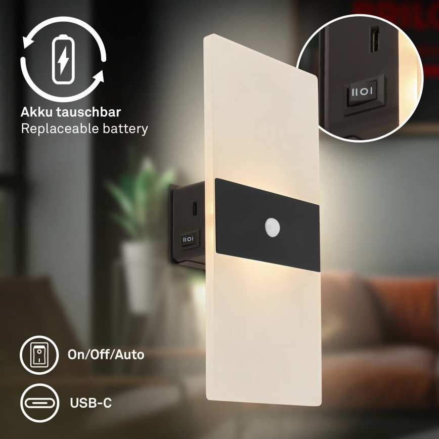 Briloner 3888015 - Applique da parete ricaricabile a LED AURA con sensore di movimento e crepuscolare LED/2,5W/5V 1800 mAh nera