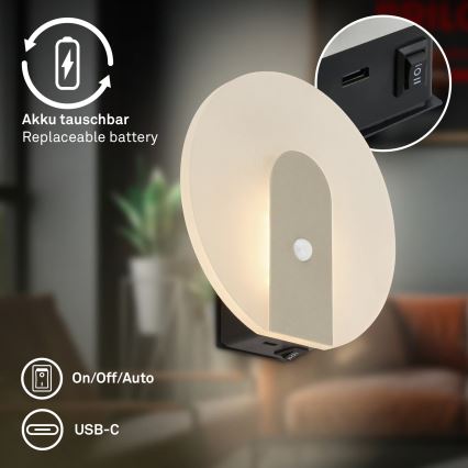 Briloner 3889012 - Lampada da parete LED ricaricabile con sensore di movimento e crepuscolare TARO LED/2,5W/5V 1800 mAh finitura cromo opaco