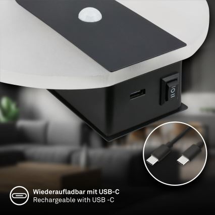 Briloner 3889015 - Lampada da parete ricaricabile a LED con sensore di movimento e sensore crepuscolare TARO LED/2,5W/5V 1800 mAh nero