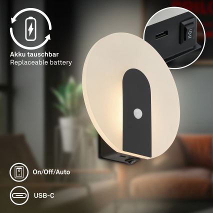 Briloner 3889015 - Lampada da parete ricaricabile a LED con sensore di movimento e sensore crepuscolare TARO LED/2,5W/5V 1800 mAh nero