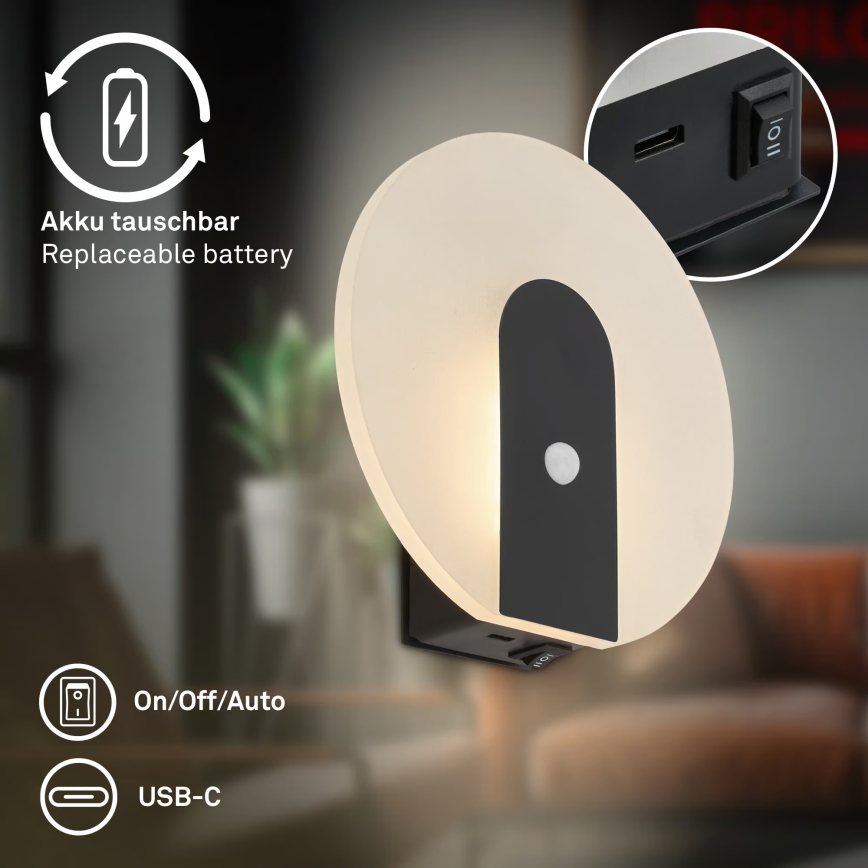 Briloner 3889015 - Lampada da parete ricaricabile a LED con sensore di movimento e sensore crepuscolare TARO LED/2,5W/5V 1800 mAh nero