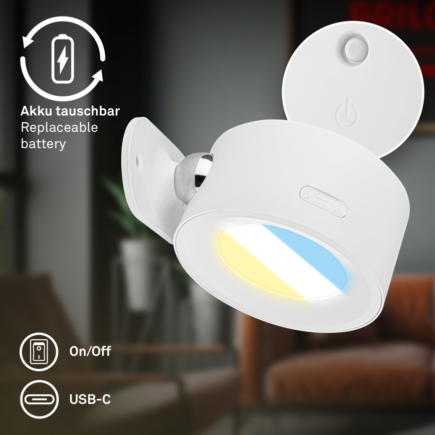 Briloner 3896016 - Lampada da parete ricaricabile dimmerabile TARI LED/1,6W/5V 1500 mAh bianca