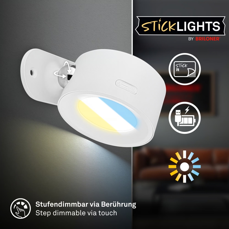 Briloner 3896016 - Lampada da parete ricaricabile dimmerabile TARI LED/1,6W/5V 1500 mAh bianca