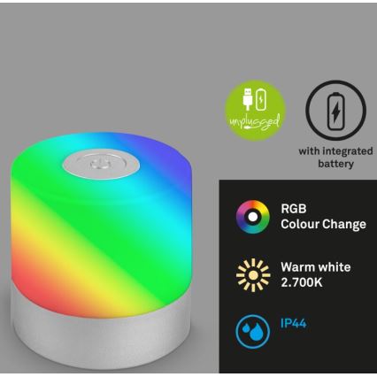 Briloner 7462014 - Lampada da tavolo a LED RGB ricaricabile per esterni LED/1,5W/5V IP44 1200 mAh cromo opaco