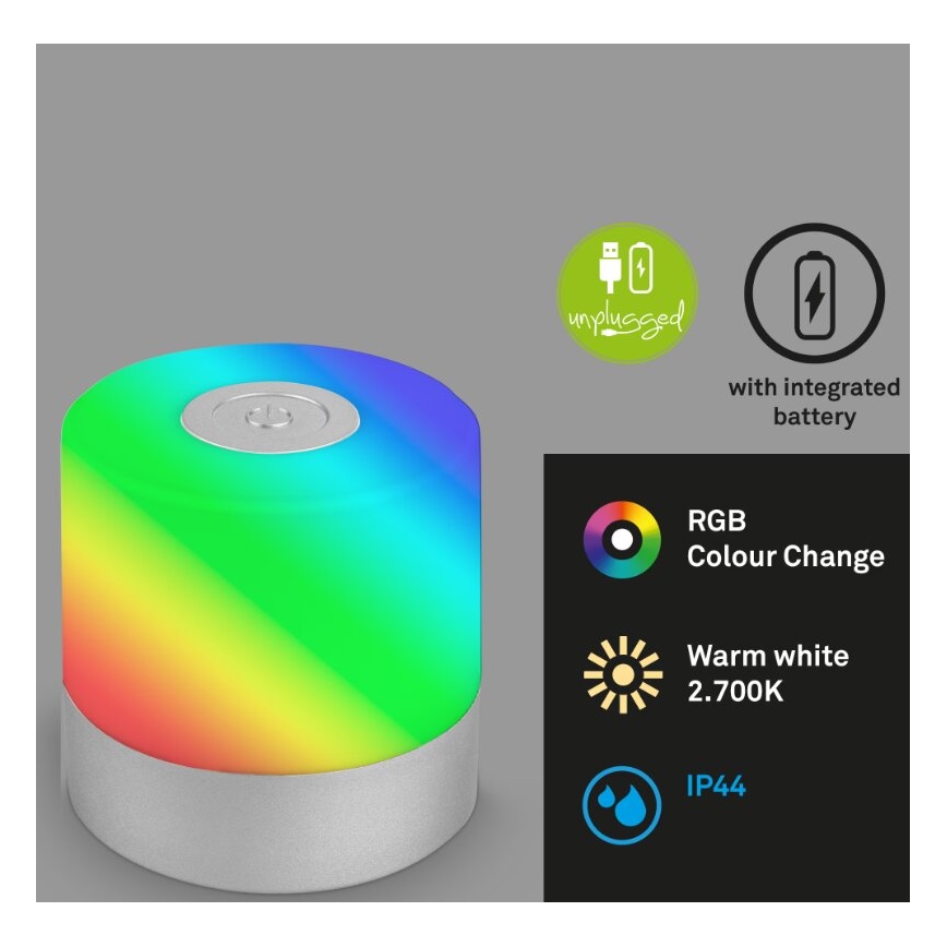 Briloner 7462014 - Lampada da tavolo a LED RGB ricaricabile per esterni LED/1,5W/5V IP44 1200 mAh cromo opaco